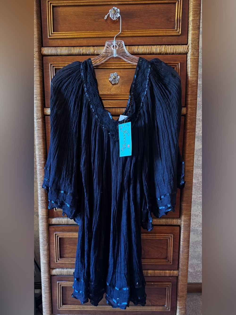 Raviya Black Women's Boho Peasant Top Swim Coverup Lace Trim Angel Sleeves - M